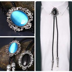 Western Cowboy Black Oval Stone Bolo Tie Rodeo